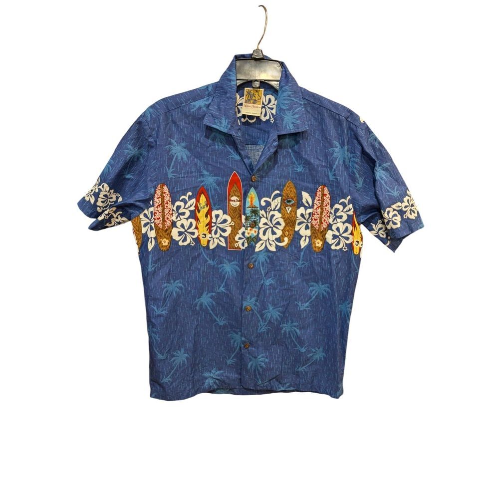 Winnie Fashion‎ Men's Blue Hawaiian Surfboard Palm Tree Classic Car Shirt Medium